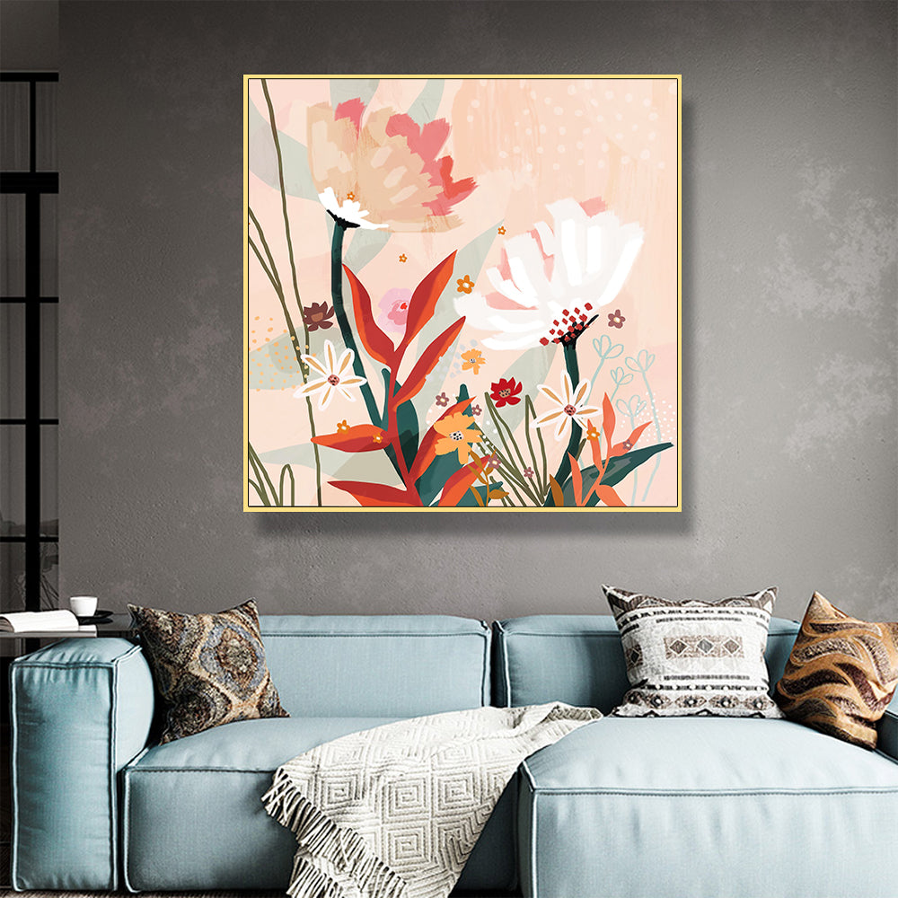 50cmx50cm Native Floral Canvas Wall Art in a gold frame, showcasing vibrant floral designs and a modern floating effect.