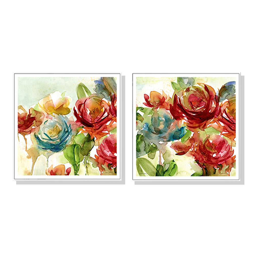 50cmx50cm Rosewater Garden canvas print in a white floating frame, showcasing vibrant floral artwork.