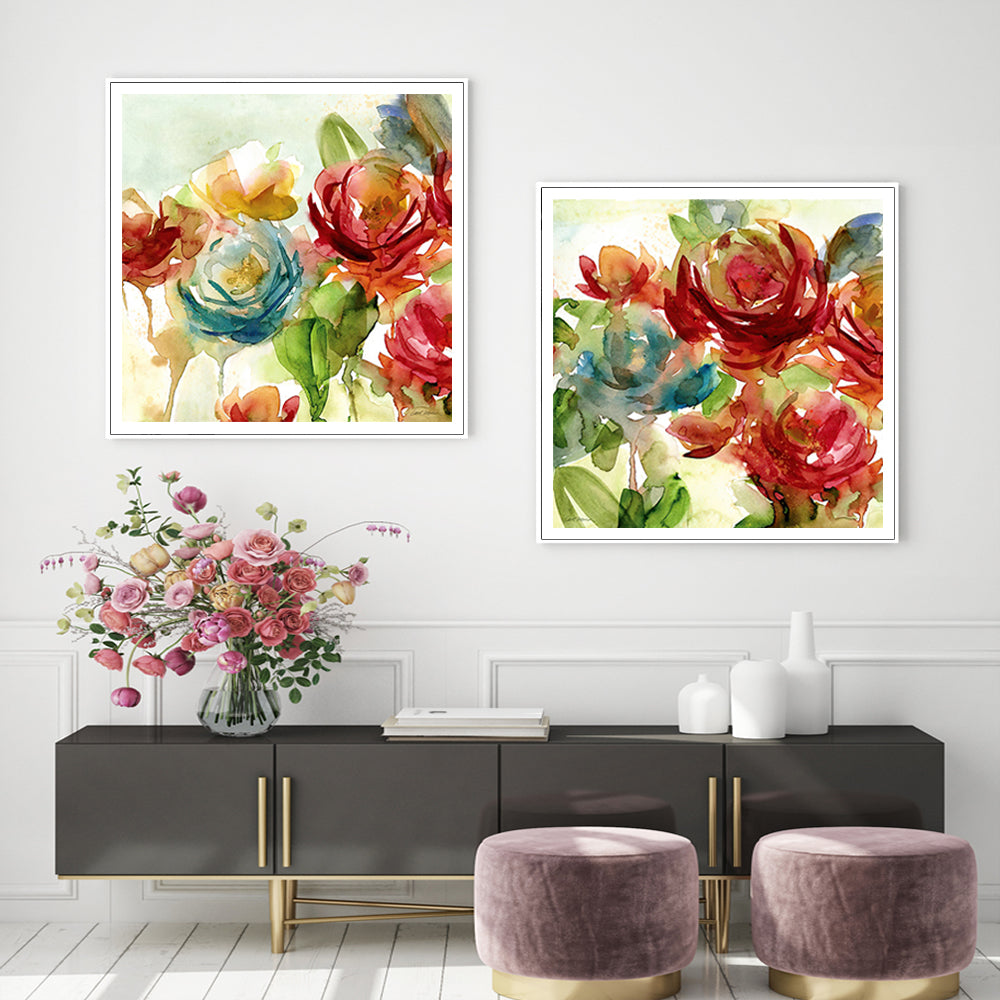 50cmx50cm Rosewater Garden canvas print in a white floating frame, showcasing vibrant floral artwork.