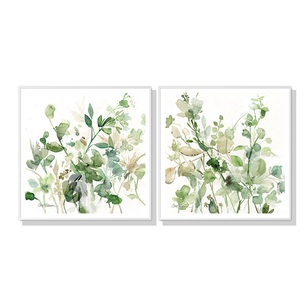 50cmx50cm Sage Garden canvas wall art by Carol Robinson, framed in white with a floating effect, showcasing vibrant colors and elegant design.