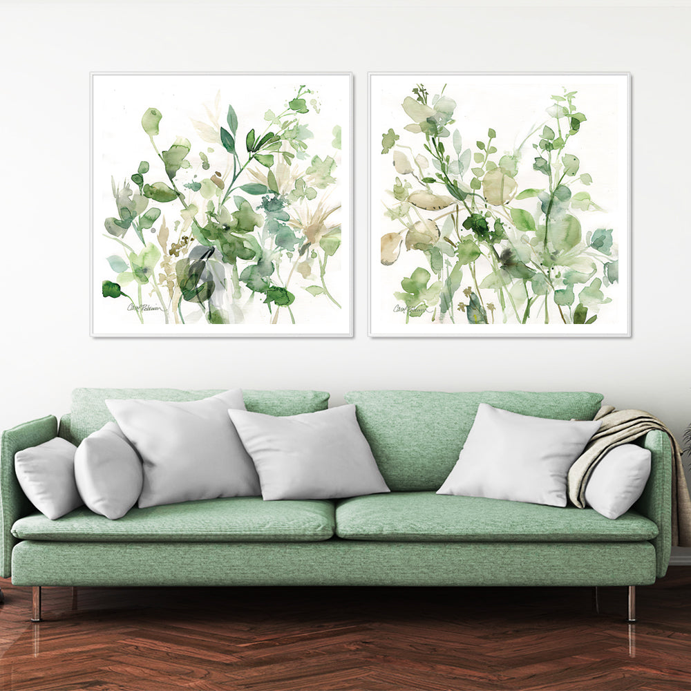 50cmx50cm Sage Garden canvas wall art by Carol Robinson, framed in white with a floating effect, showcasing vibrant colors and elegant design.