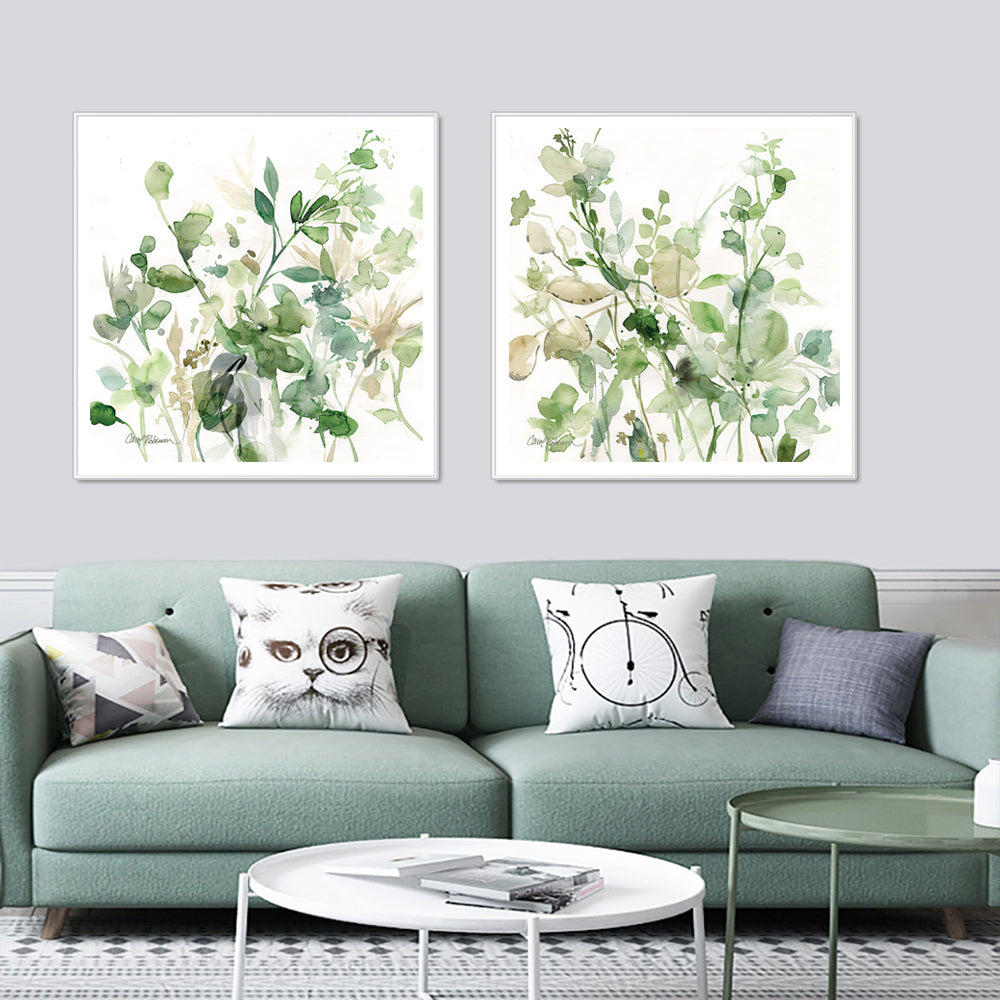 50cmx50cm Sage Garden canvas wall art by Carol Robinson, framed in white with a floating effect, showcasing vibrant colors and elegant design.