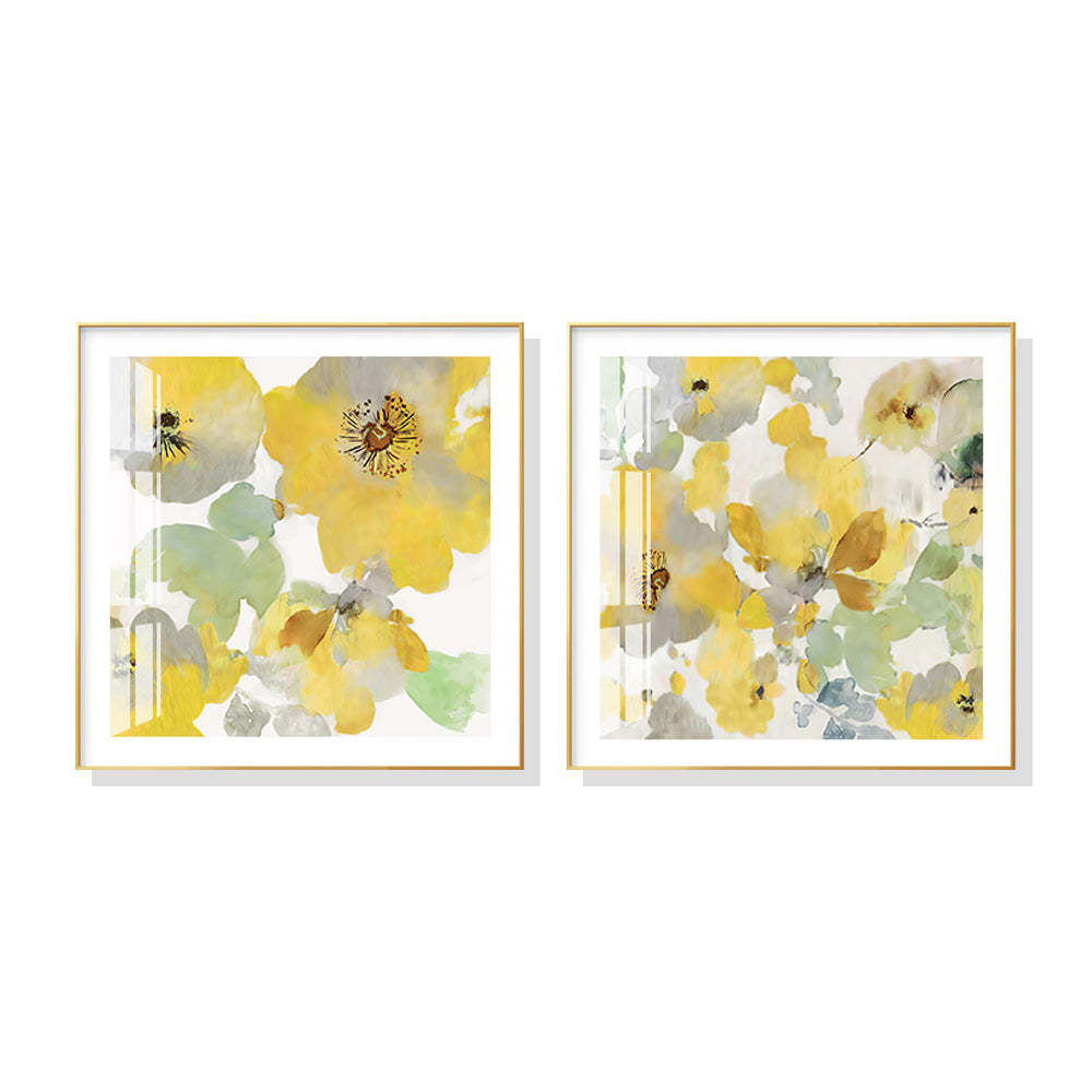 50cmx50cm canvas wall art featuring yellow flowers in a gold frame, showcasing a floating effect for added elegance.