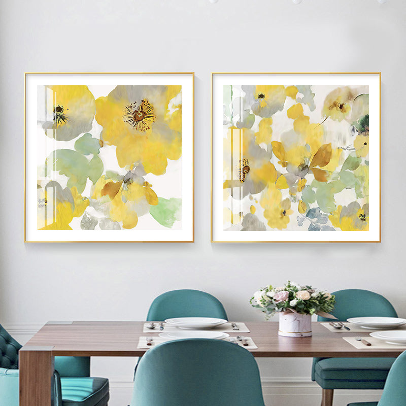 50cmx50cm canvas wall art featuring yellow flowers in a gold frame, showcasing a floating effect for added elegance.