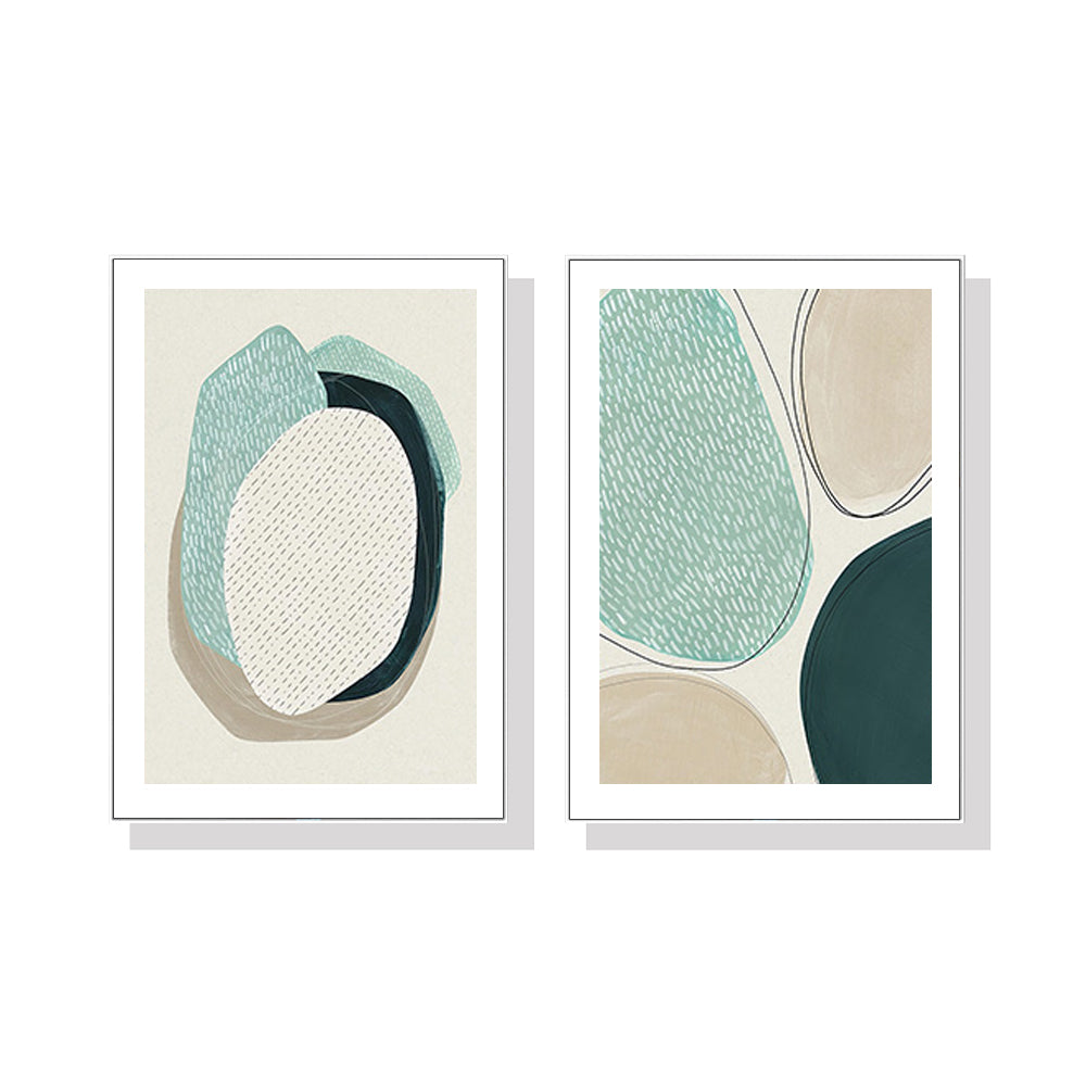 Two sets of 50cmx70cm abstract green circle canvas wall art in white frames, showcasing modern design and vibrant colors.