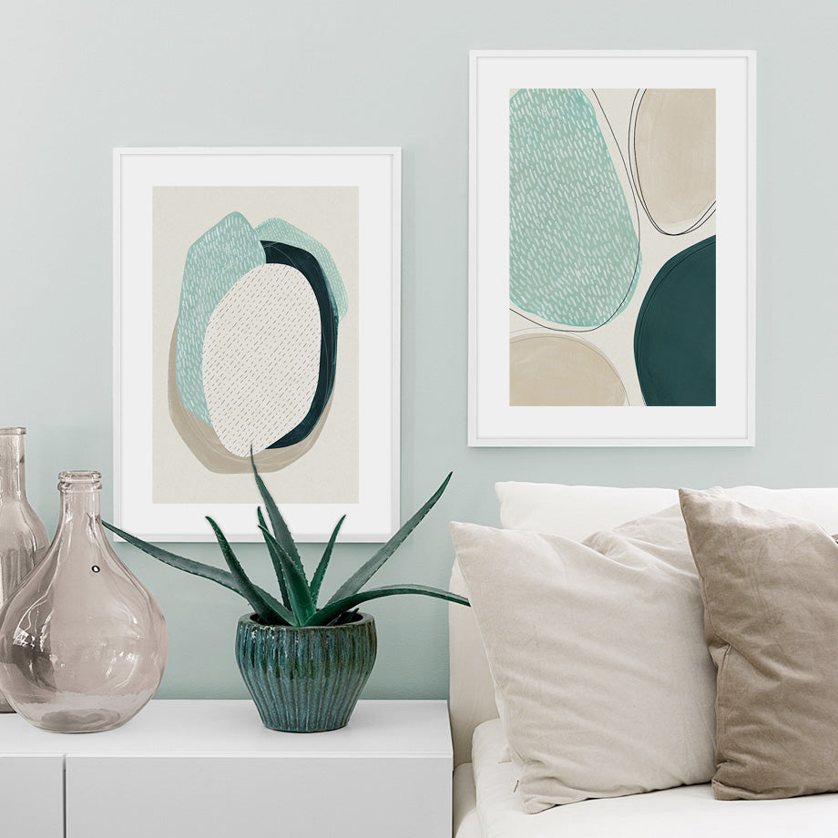 Two sets of 50cmx70cm abstract green circle canvas wall art in white frames, showcasing modern design and vibrant colors.