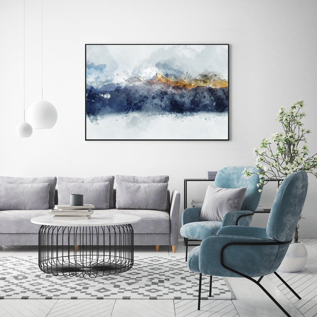 50cmx70cm Abstract Sunlight Mountains Canvas Wall Art in a black frame, showcasing vibrant colors and a floating effect.