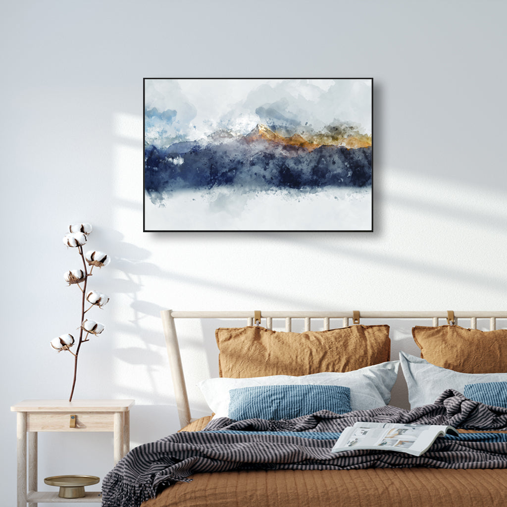 50cmx70cm Abstract Sunlight Mountains Canvas Wall Art in a black frame, showcasing vibrant colors and a floating effect.