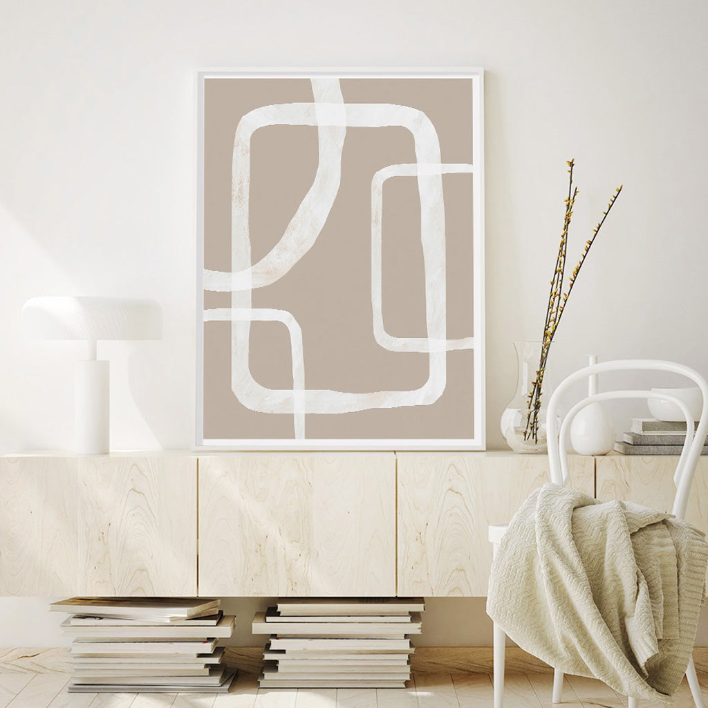 50cmx70cm Abstract White Lines canvas wall art framed in a modern floating frame, showcasing a minimalist design.