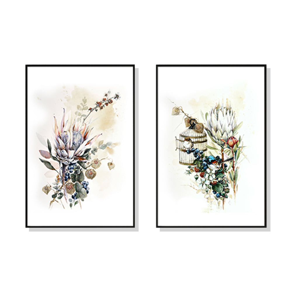 50cmx70cm canvas wall art featuring berries and protea flowers in a black frame, showcasing vibrant colors and a modern design.