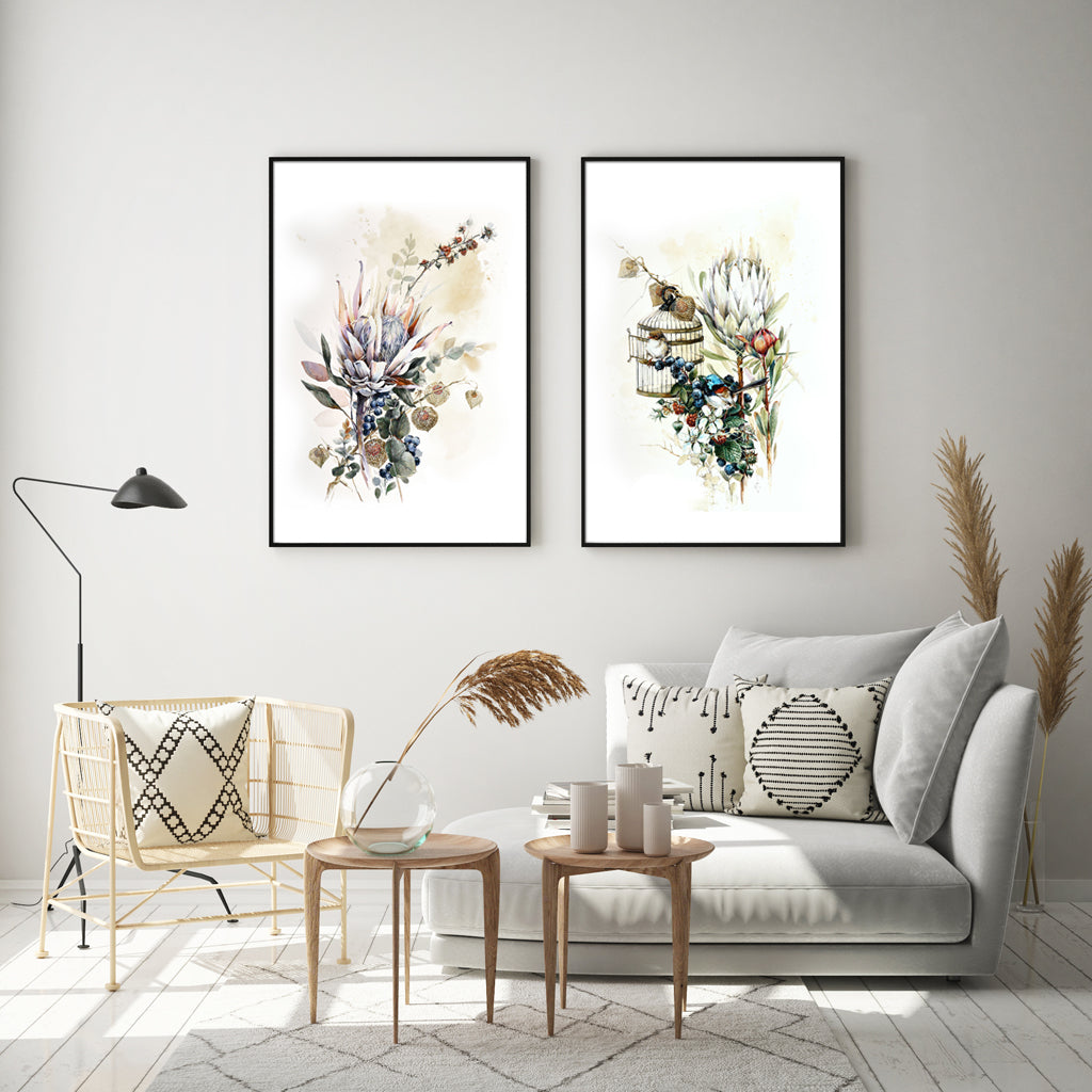 50cmx70cm canvas wall art featuring berries and protea flowers in a black frame, showcasing vibrant colors and a modern design.