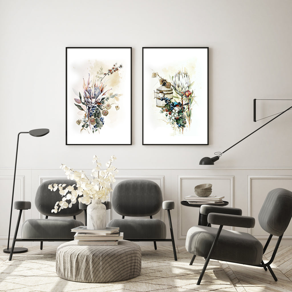 50cmx70cm canvas wall art featuring berries and protea flowers in a black frame, showcasing vibrant colors and a modern design.