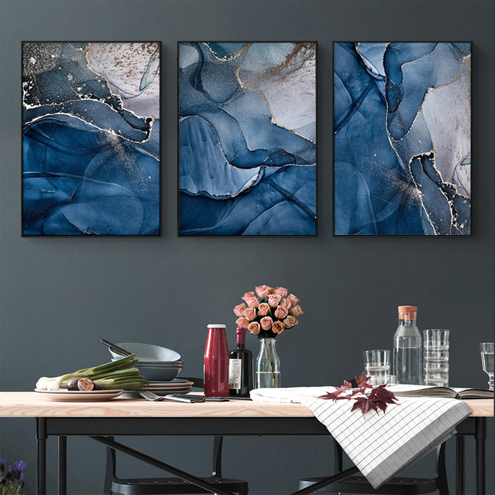 50cmx70cm Blue Gold Marble Canvas Wall Art in a black frame, showcasing elegant marble design.