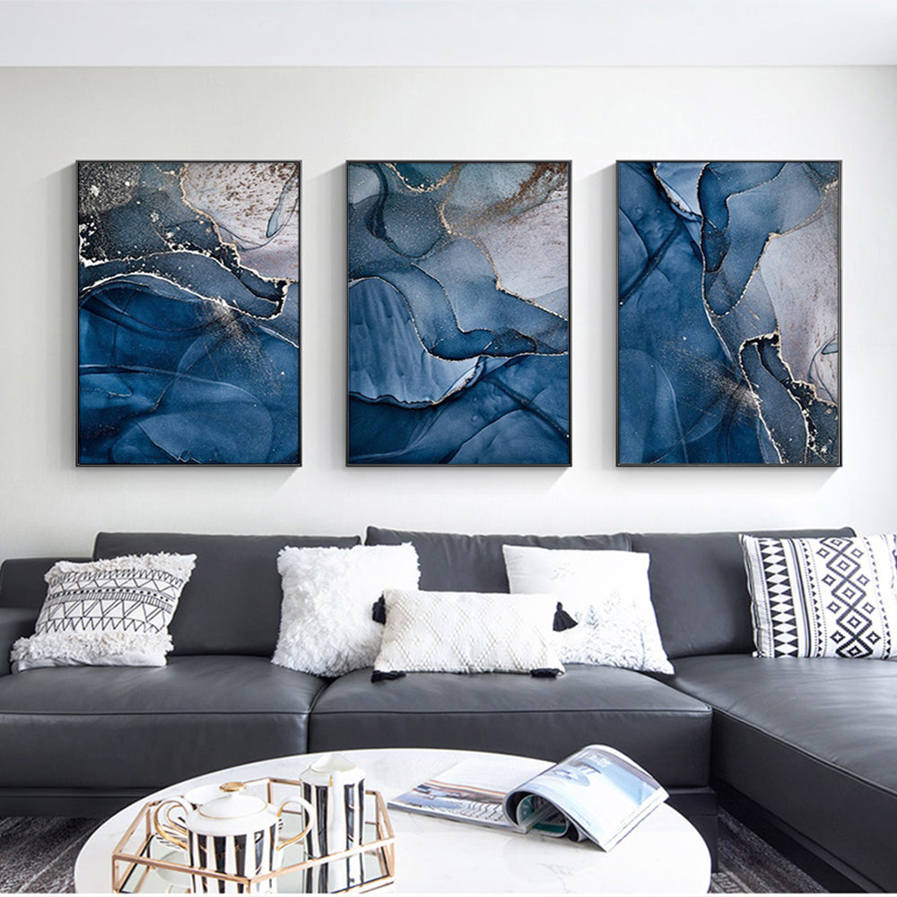 50cmx70cm Blue Gold Marble Canvas Wall Art in a black frame, showcasing elegant marble design.