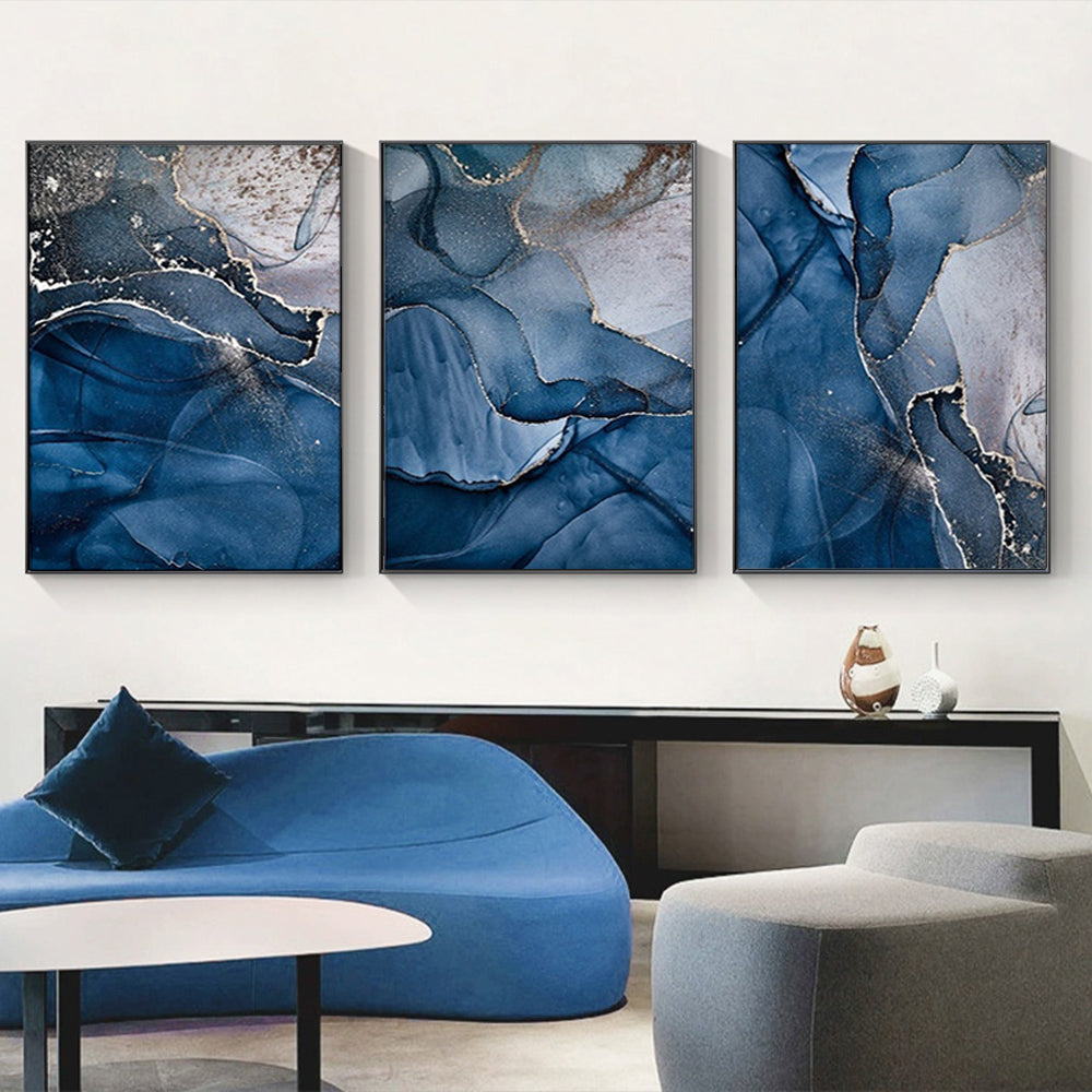 50cmx70cm Blue Gold Marble Canvas Wall Art in a black frame, showcasing elegant marble design.