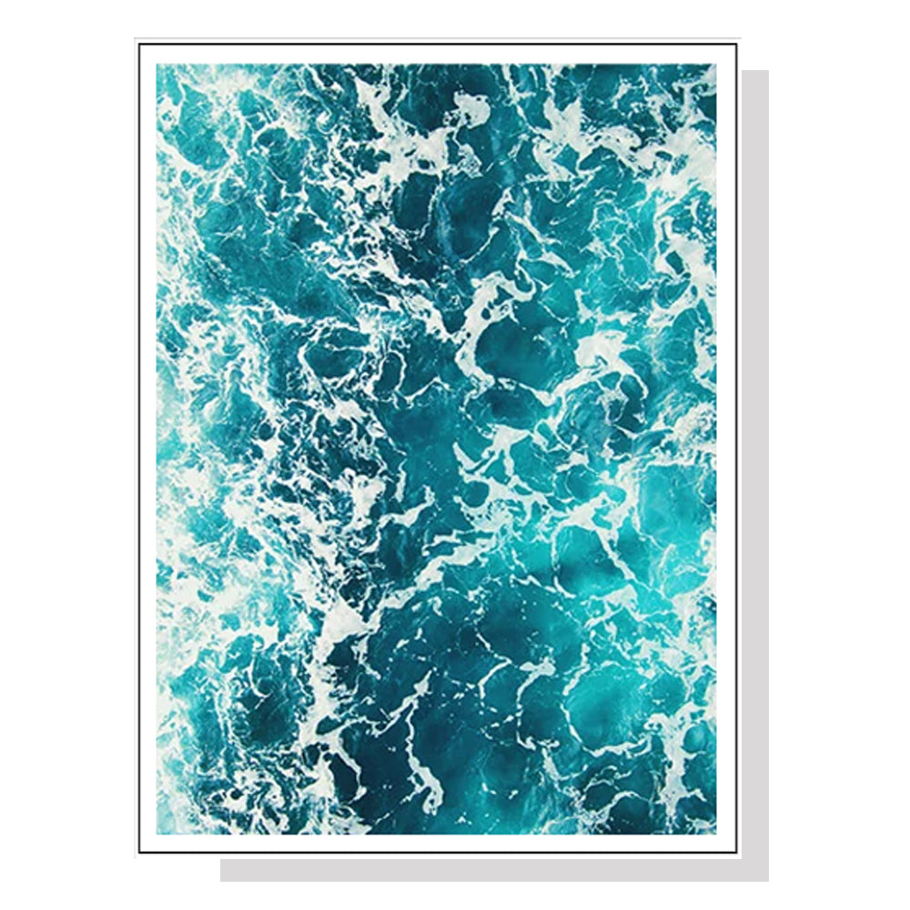 50cmx70cm Blue Ocean Canvas Wall Art framed in white, showcasing vibrant ocean colors and a floating effect.