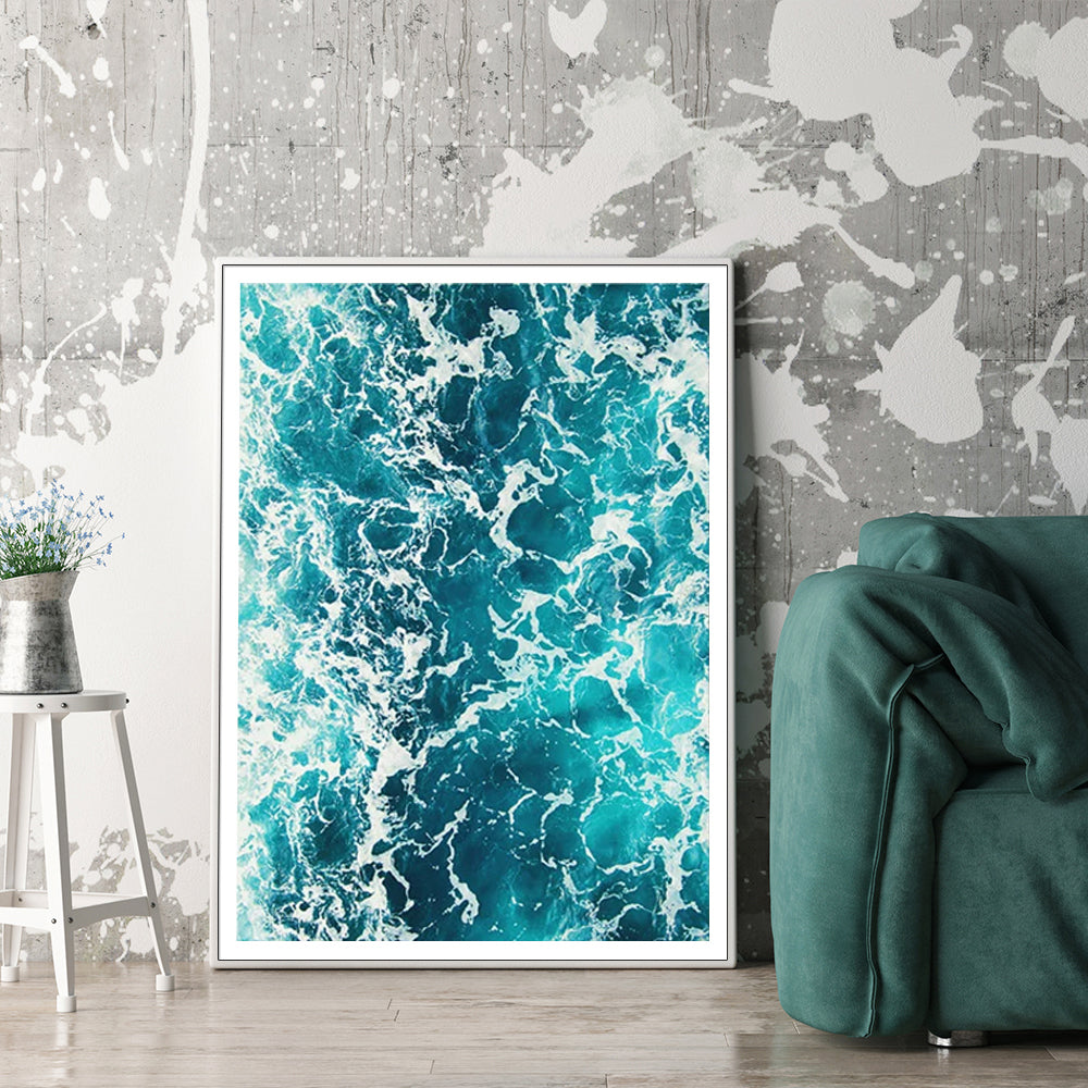 50cmx70cm Blue Ocean Canvas Wall Art framed in white, showcasing vibrant ocean colors and a floating effect.