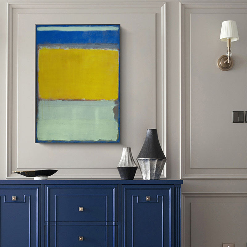 50cmx70cm canvas wall art by Mark Rothko featuring blue, yellow, and green colors in a black frame, perfect for home decor.