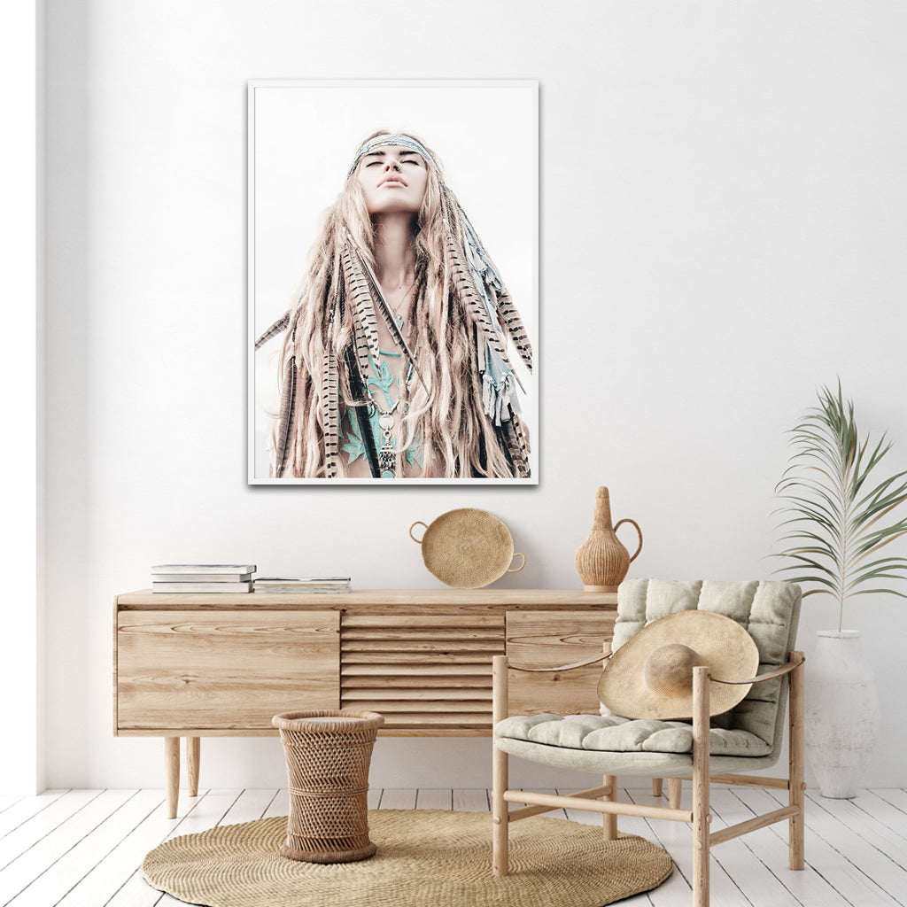 50cmx70cm BOHO Girl canvas wall art framed in white, showcasing vibrant colors and a modern floating effect.