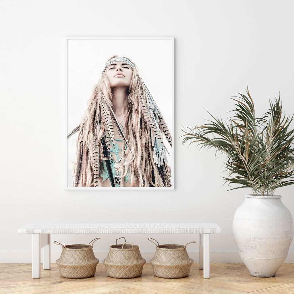 50cmx70cm BOHO Girl canvas wall art framed in white, showcasing vibrant colors and a modern floating effect.