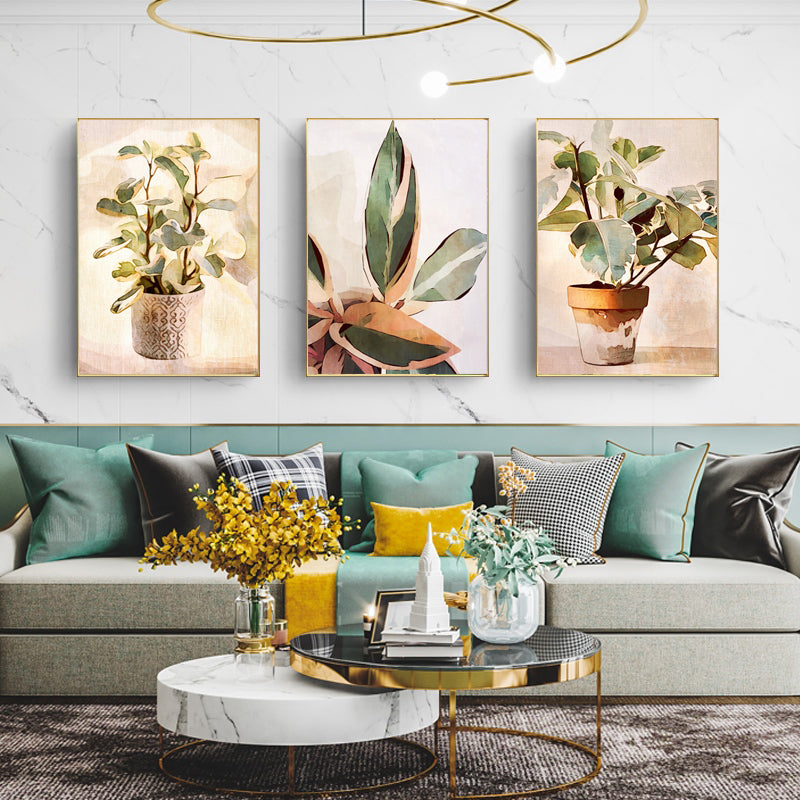 50cmx70cm Botanical Leaves Watercolor Canvas in a gold frame, showcasing intricate leaf designs and a floating effect.