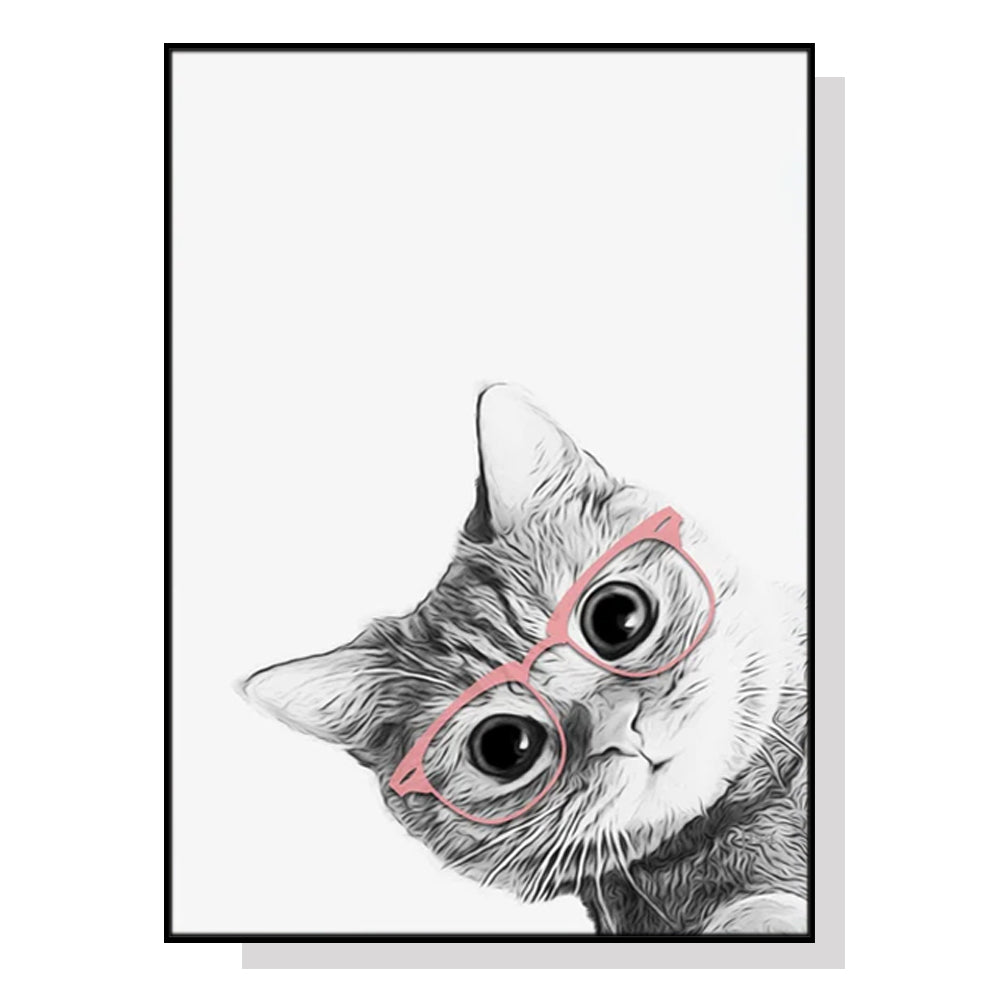 50cmx70cm canvas wall art featuring a stylish cat wearing glasses in a black frame, perfect for home decor.