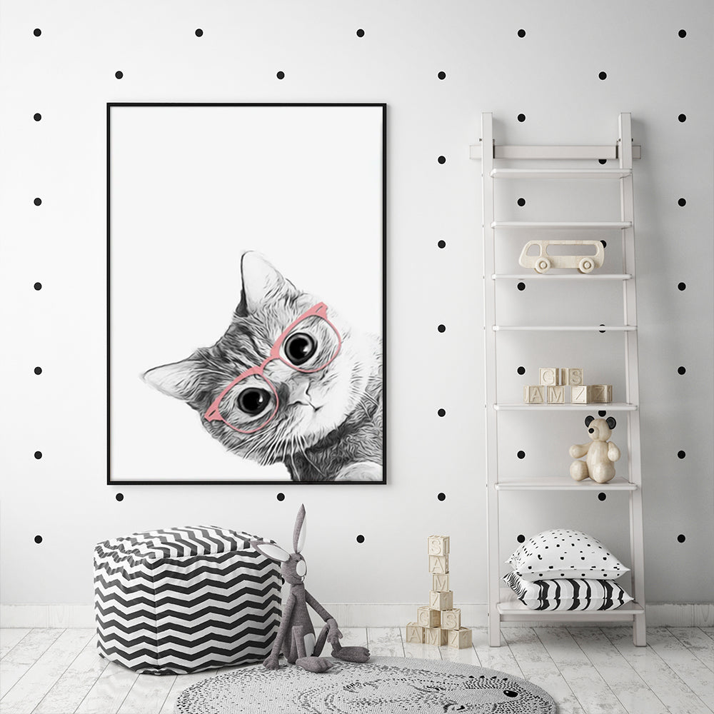 50cmx70cm canvas wall art featuring a stylish cat wearing glasses in a black frame, perfect for home decor.