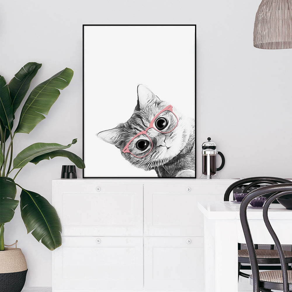 50cmx70cm canvas wall art featuring a stylish cat wearing glasses in a black frame, perfect for home decor.