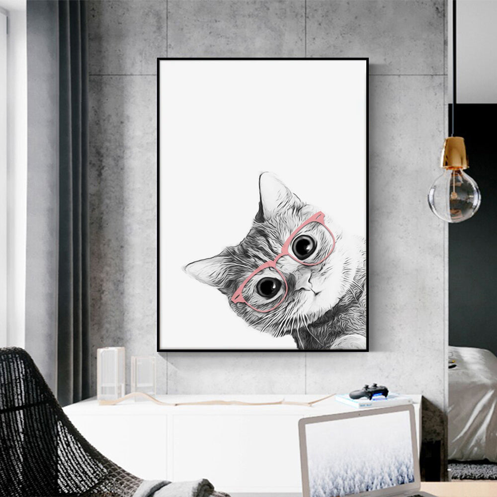 50cmx70cm canvas wall art featuring a stylish cat wearing glasses in a black frame, perfect for home decor.