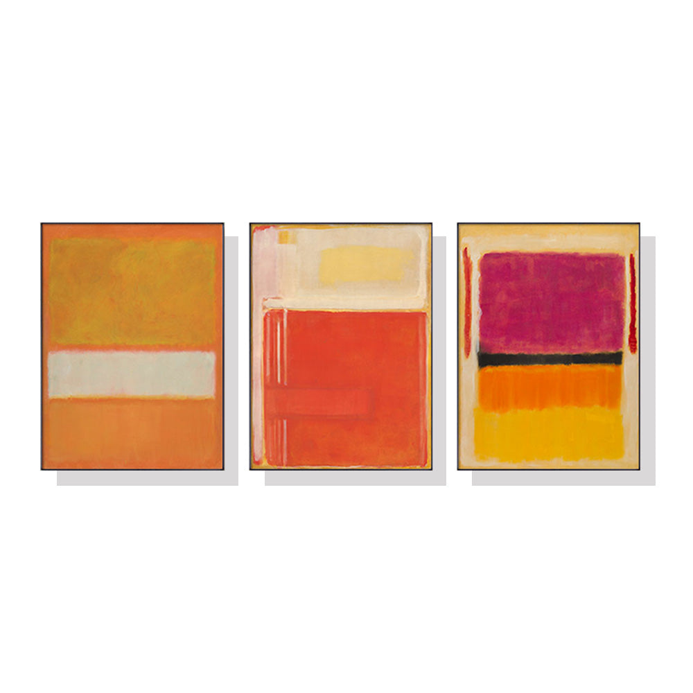 A set of three colorful canvas prints by Mark Rothko, framed in black, showcasing abstract art with vibrant colors.