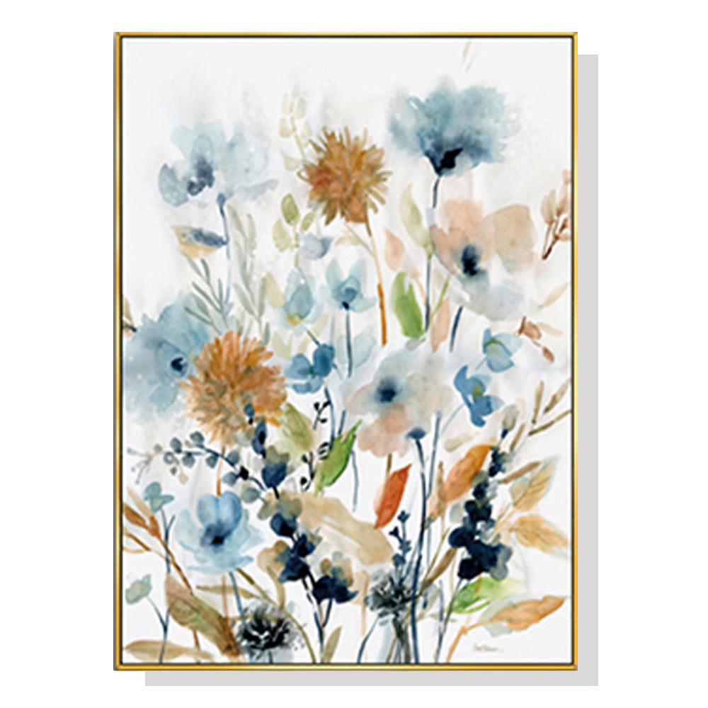 A vibrant 50cmx70cm watercolour canvas print featuring colourful florals, elegantly framed in a gold floating frame.