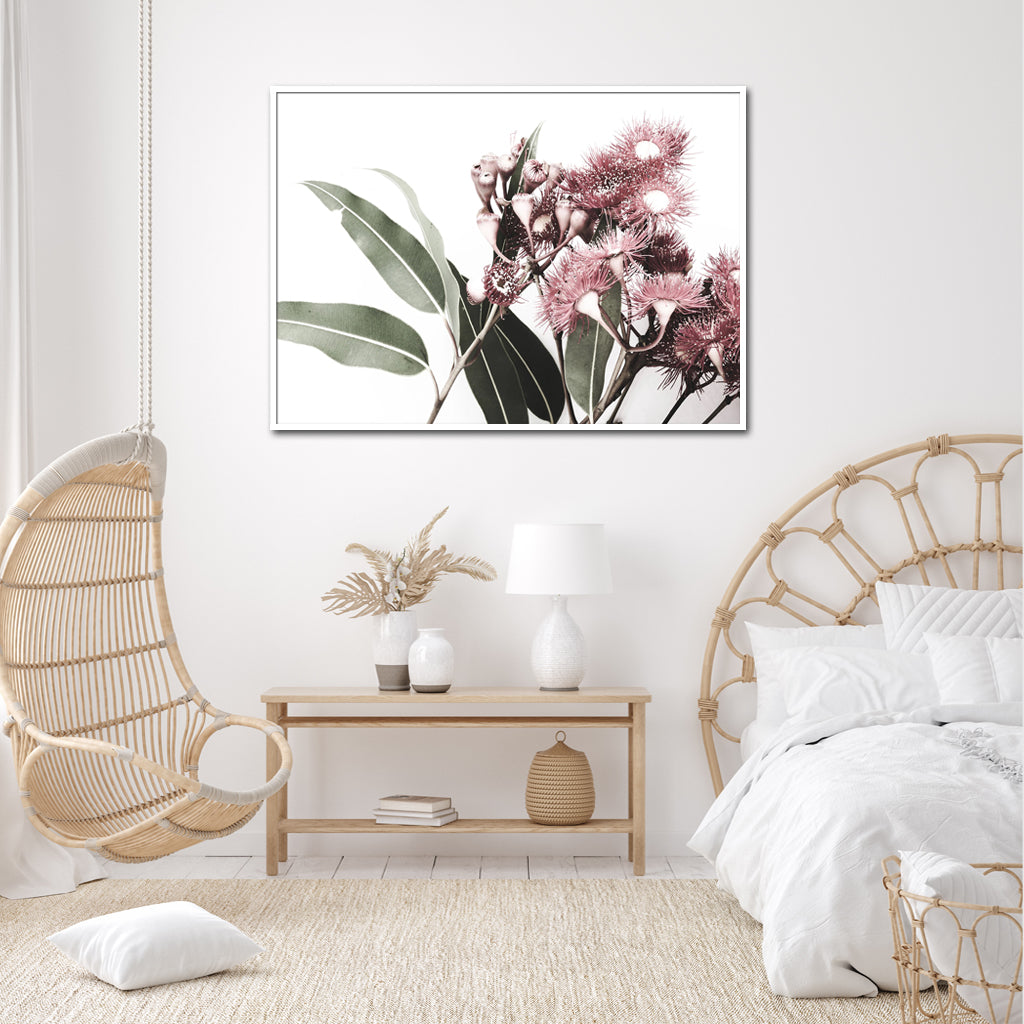 50cmx70cm canvas wall art featuring eucalyptus design in a white floating frame, showcasing vibrant colors and elegant craftsmanship.