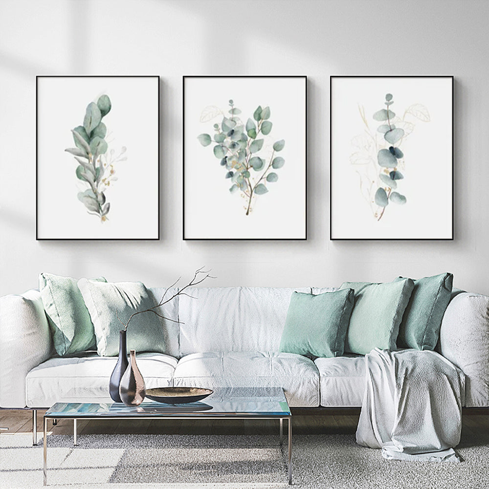 50cmx70cm Eucalyptus Plant Canvas Wall Art in a black frame, showcasing a beautiful eucalyptus design, perfect for home decor.