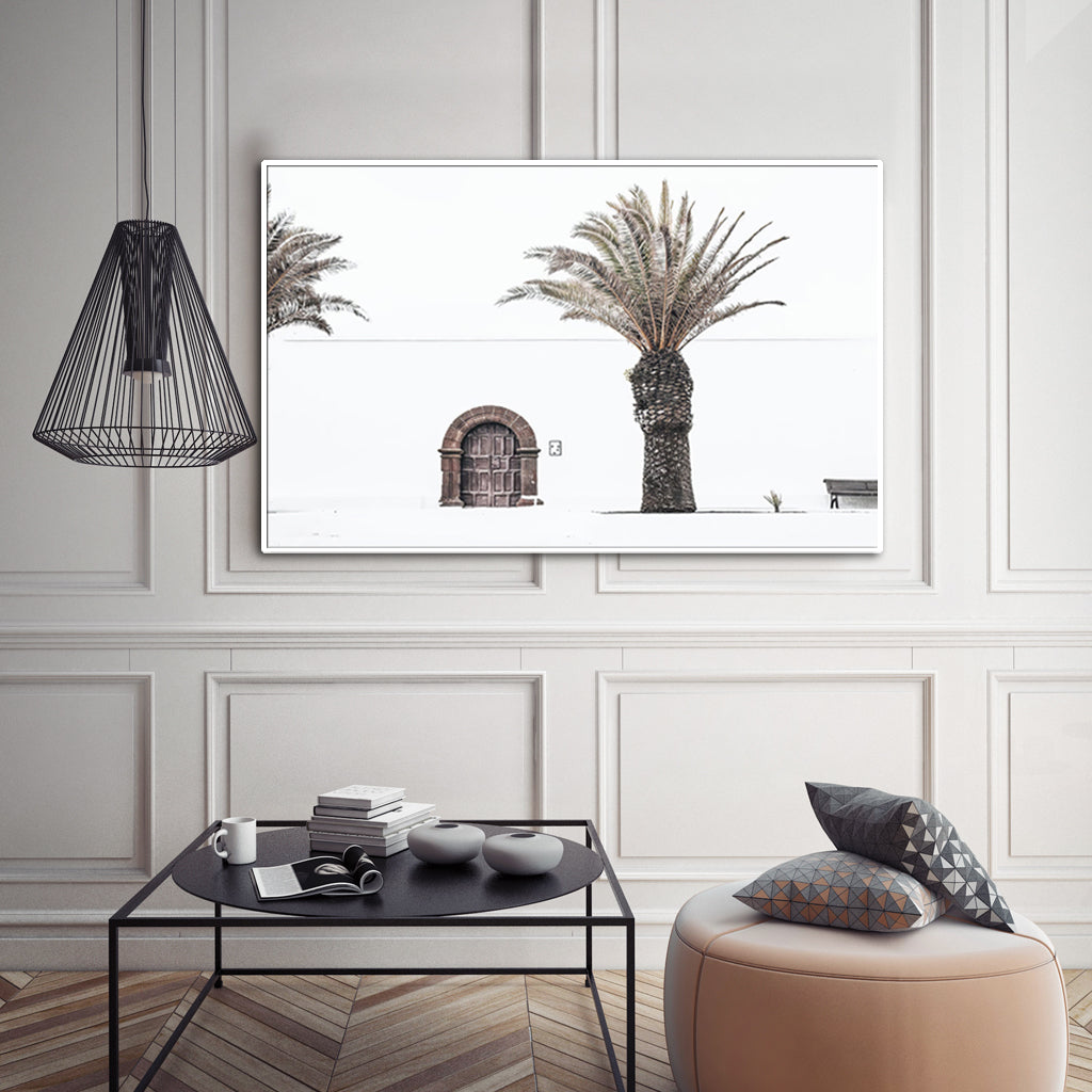 50cmx70cm European Palm Tree canvas wall art in a white frame, showcasing vibrant colors and a modern floating effect.