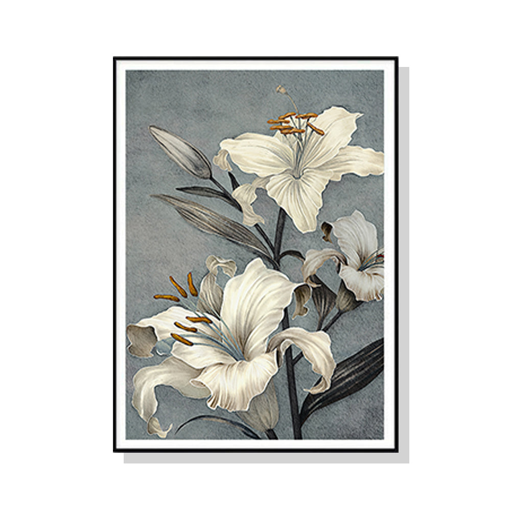 50cmx70cm Floral Lily II Canvas Wall Art in a black frame, showcasing vibrant floral design and elegant floating effect.