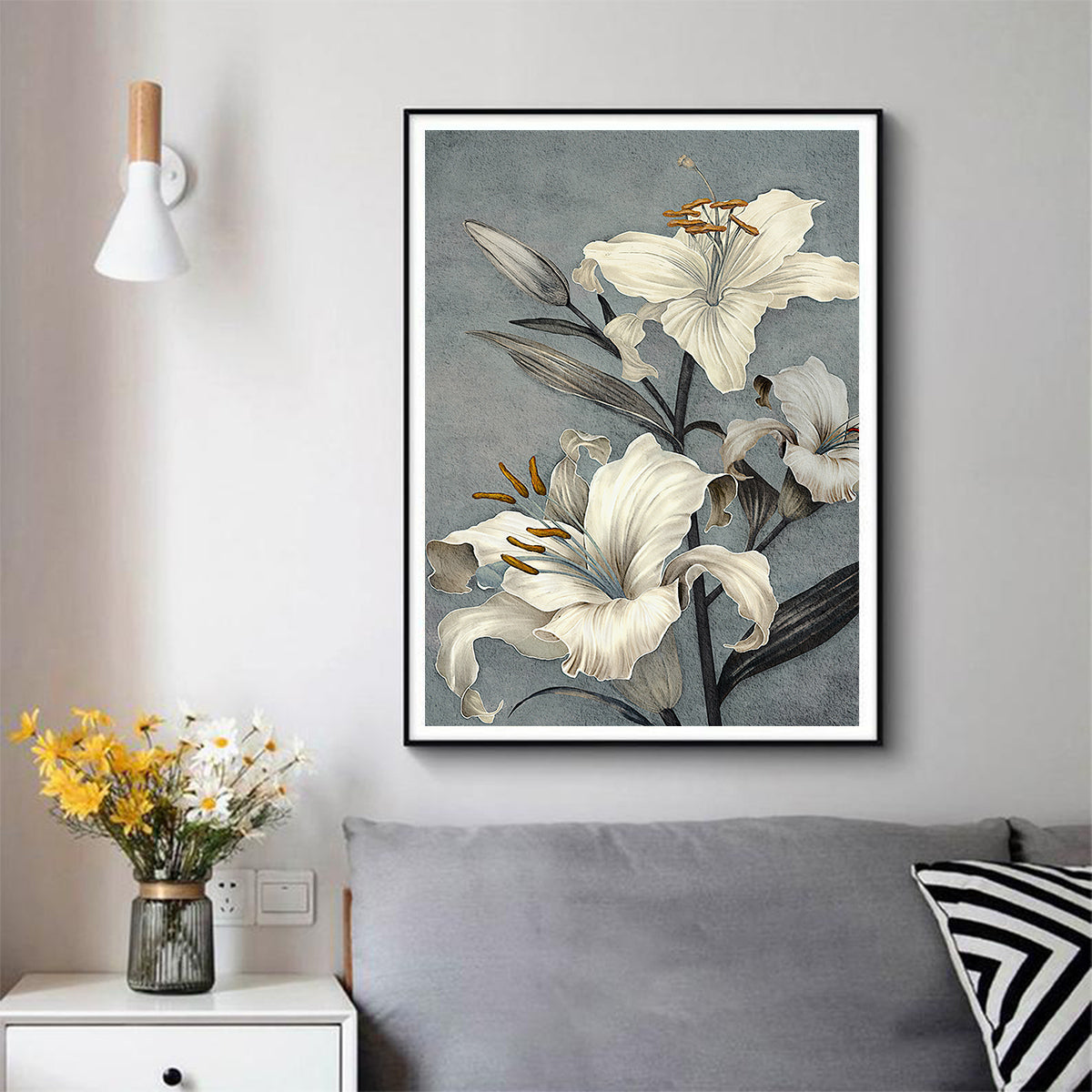 50cmx70cm Floral Lily II Canvas Wall Art in a black frame, showcasing vibrant floral design and elegant floating effect.