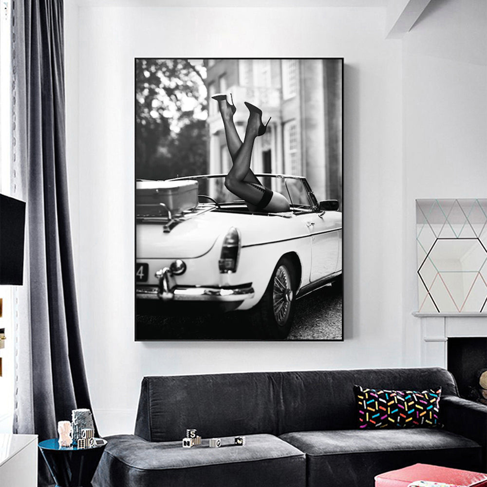 50cmx70cm canvas wall art featuring high heels in a classic black frame, elegantly displayed for home decor.