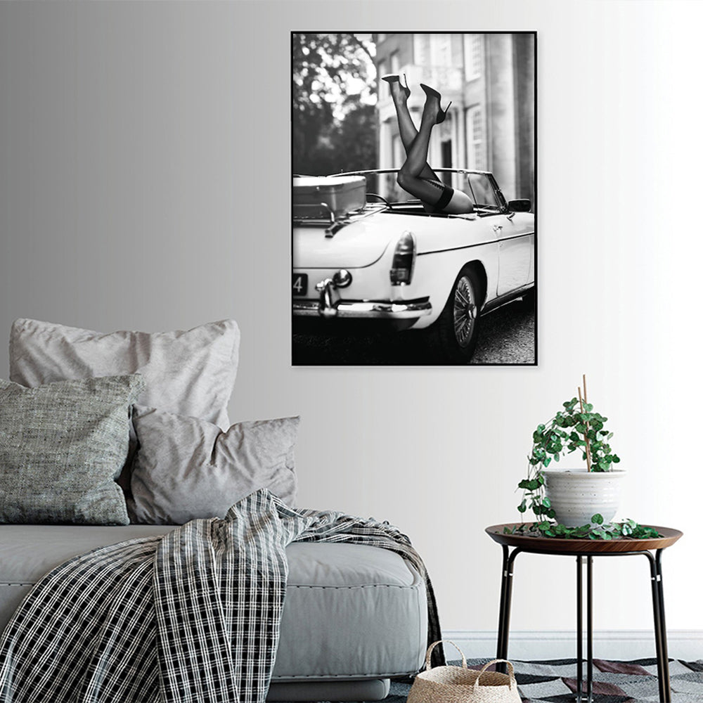 50cmx70cm canvas wall art featuring high heels in a classic black frame, elegantly displayed for home decor.