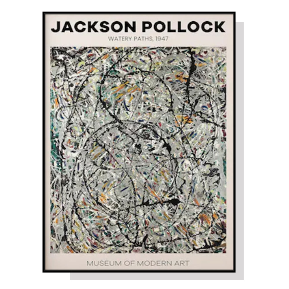 50cmx70cm Jackson Pollock Exhibition III canvas wall art in a black frame, showcasing vibrant colors and a unique floating effect.