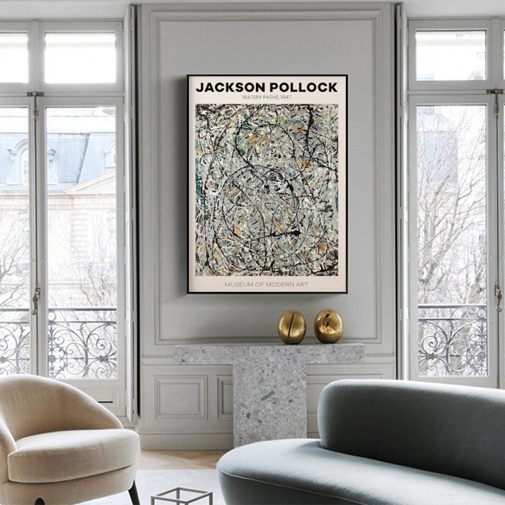 50cmx70cm Jackson Pollock Exhibition III canvas wall art in a black frame, showcasing vibrant colors and a unique floating effect.