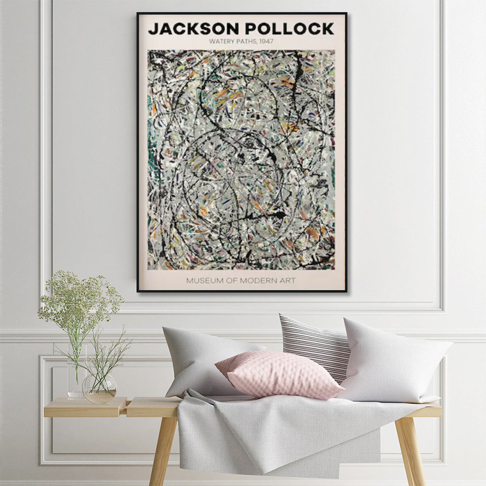 50cmx70cm Jackson Pollock Exhibition III canvas wall art in a black frame, showcasing vibrant colors and a unique floating effect.