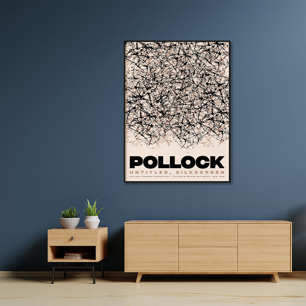 50cmx70cm Jackson Pollock Exhibition II canvas wall art in a black frame, showcasing vibrant colors and abstract patterns.