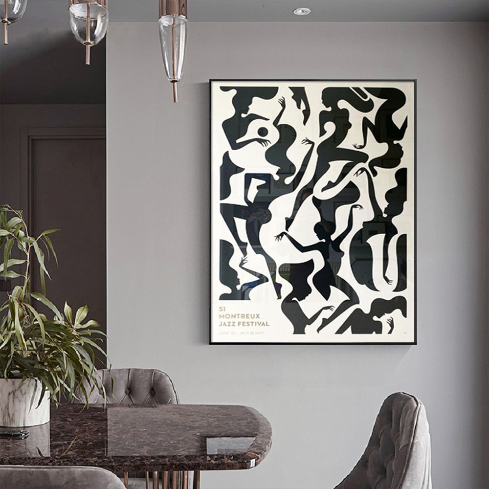 50cmx70cm Jazz Festival Canvas Wall Art in a black frame, showcasing vibrant colors and a unique floating design, perfect for home decor.