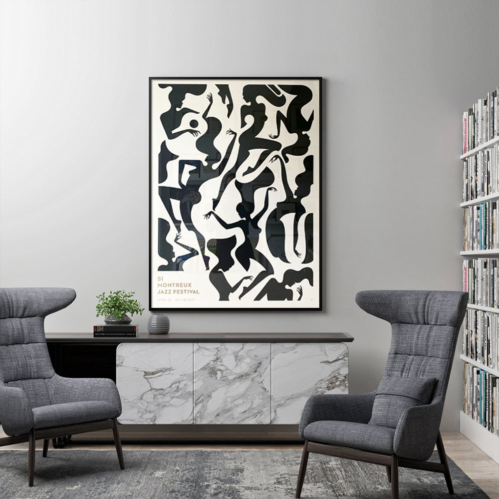 50cmx70cm Jazz Festival Canvas Wall Art in a black frame, showcasing vibrant colors and a unique floating design, perfect for home decor.