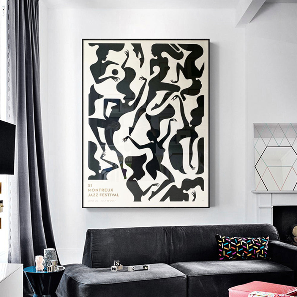 50cmx70cm Jazz Festival Canvas Wall Art in a black frame, showcasing vibrant colors and a unique floating design, perfect for home decor.