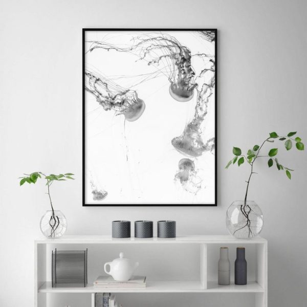 50cmx70cm Jellyfish Canvas Wall Art in a black frame, showcasing vibrant colors and a floating effect.