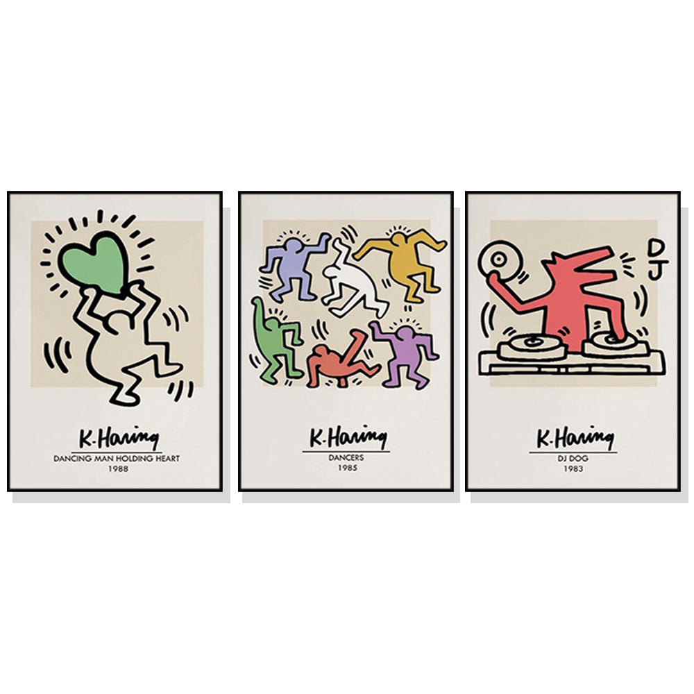 Three sets of Keith Haring Pop Art canvas prints framed in black, showcasing vibrant colors and bold designs, ready to hang on a wall.