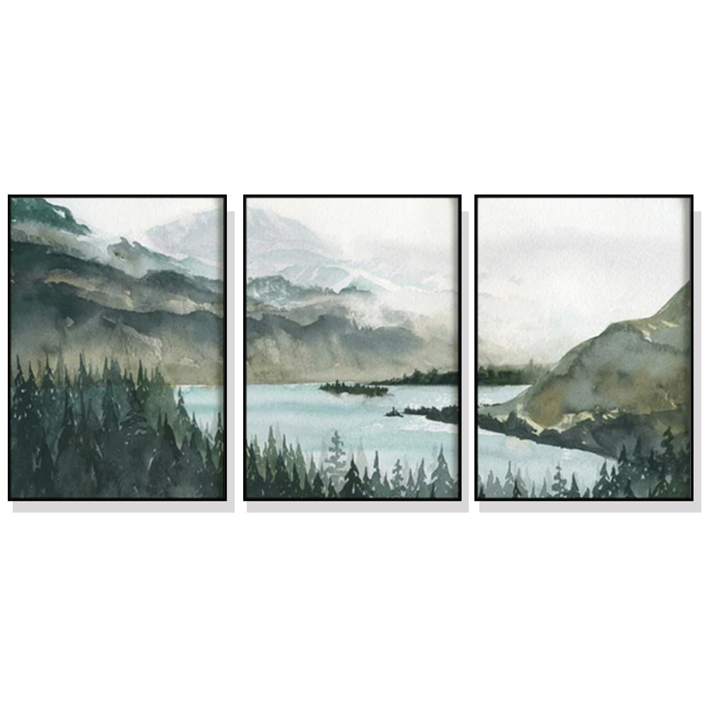 A set of three 50cmx70cm landscape canvas wall art pieces framed in black, showcasing vibrant colors and a floating effect.