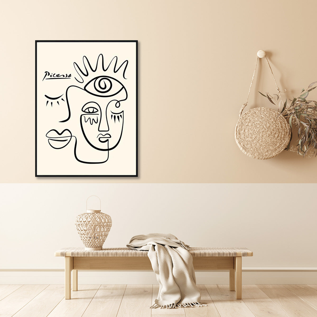 50cmx70cm line art canvas by Pablo Picasso, framed in black, showcasing elegant and intricate designs.