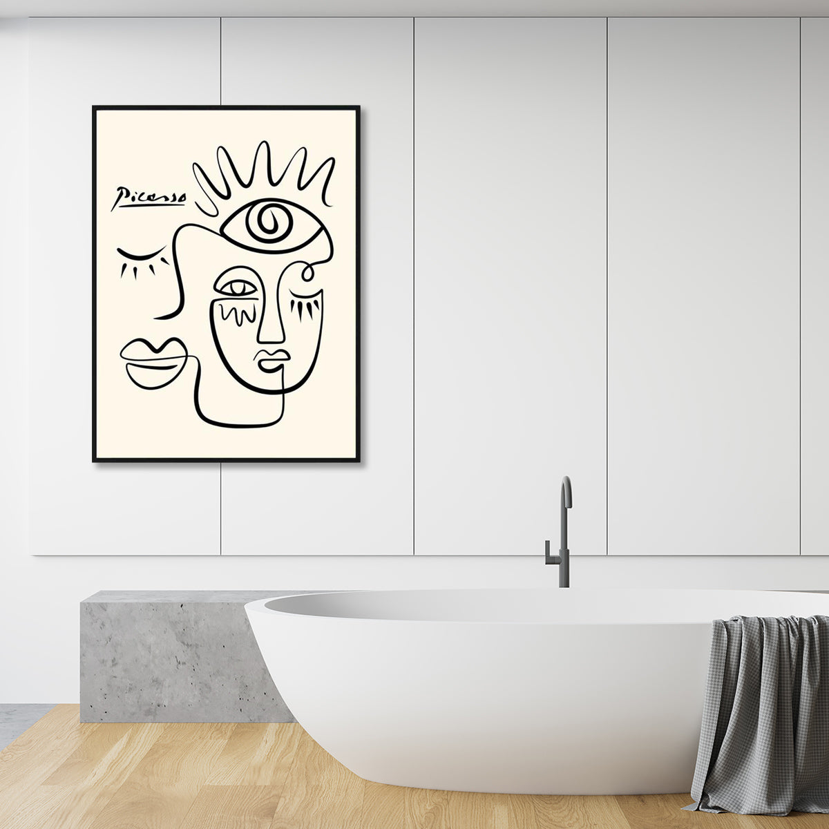 50cmx70cm line art canvas by Pablo Picasso, framed in black, showcasing elegant and intricate designs.